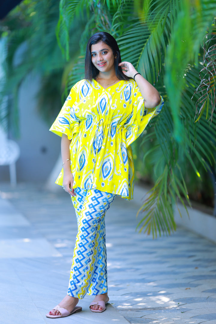 Yellow Ikat Desing Pretty Jaipur cotton kaftan with pyjamas set ( 2 pcs set ) - AHA Nightwears