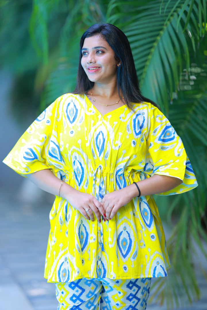 Yellow Ikat Desing Pretty Jaipur cotton kaftan with pyjamas set ( 2 pcs set ) - AHA Nightwears