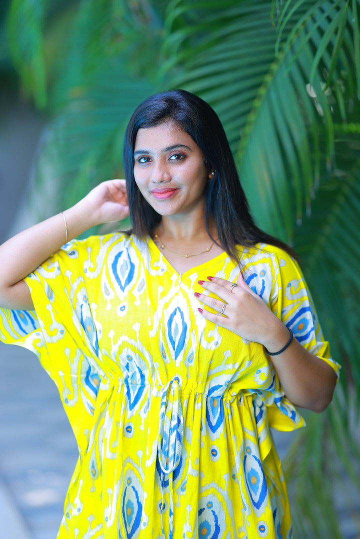 Yellow Ikat Desing Pretty Jaipur cotton kaftan with pyjamas set ( 2 pcs set ) - AHA Nightwears