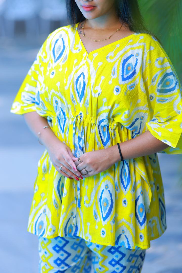 Yellow Ikat Desing Pretty Jaipur cotton kaftan with pyjamas set ( 2 pcs set ) - AHA Nightwears