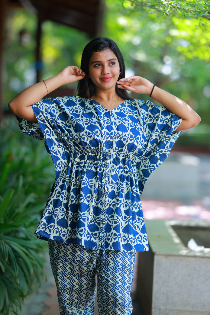 Blue With Flower Pretty Jaipur cotton kaftan with pyjamas set ( 2 pcs set ) - AHA Nightwears