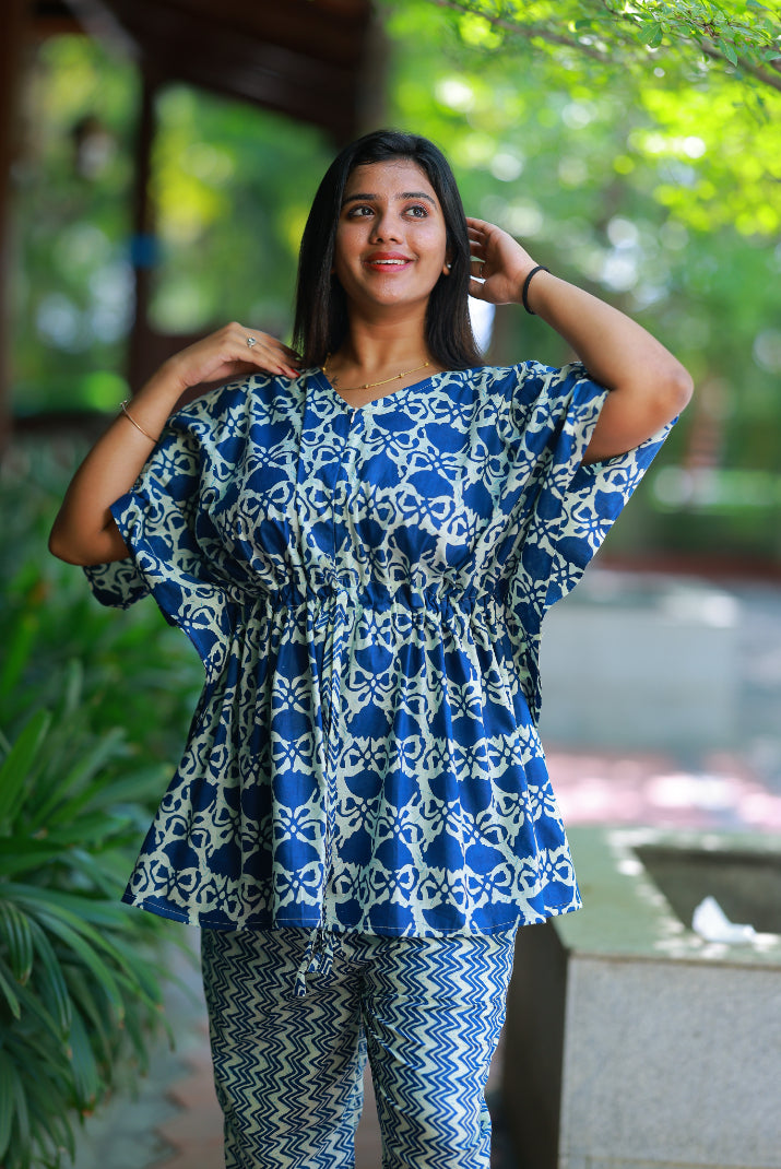 Blue With Flower Pretty Jaipur cotton kaftan with pyjamas set ( 2 pcs set ) - AHA Nightwears