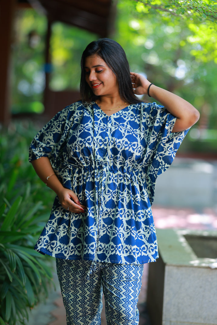 Blue With Flower Pretty Jaipur cotton kaftan with pyjamas set ( 2 pcs set ) - AHA Nightwears