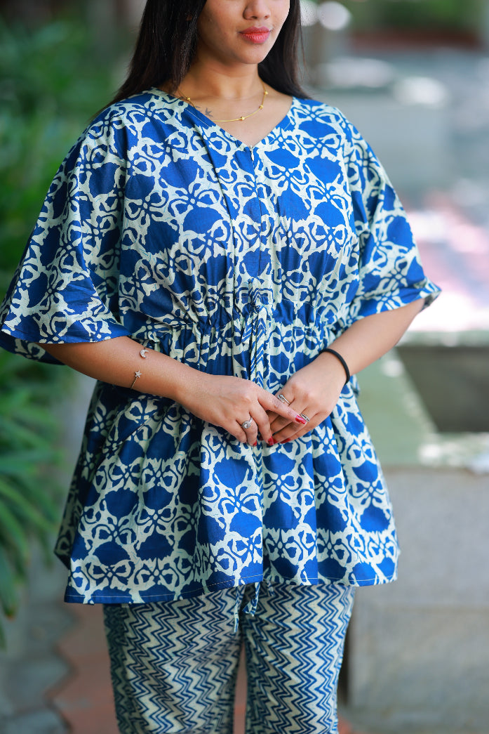 Blue With Flower Pretty Jaipur cotton kaftan with pyjamas set ( 2 pcs set ) - AHA Nightwears