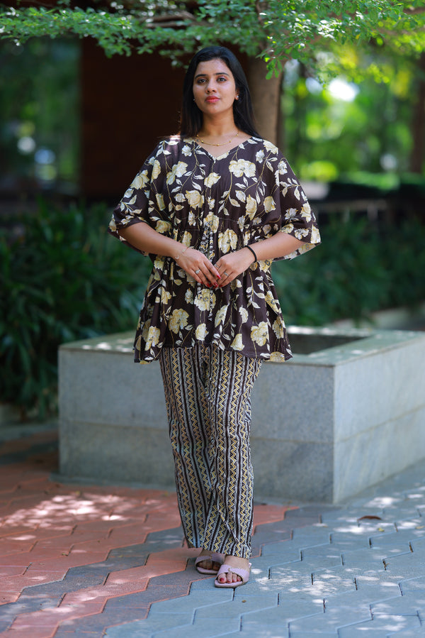 Dark Brown Pretty Jaipur cotton kaftan with pyjamas set ( 2 pcs set ) - AHA Nightwears