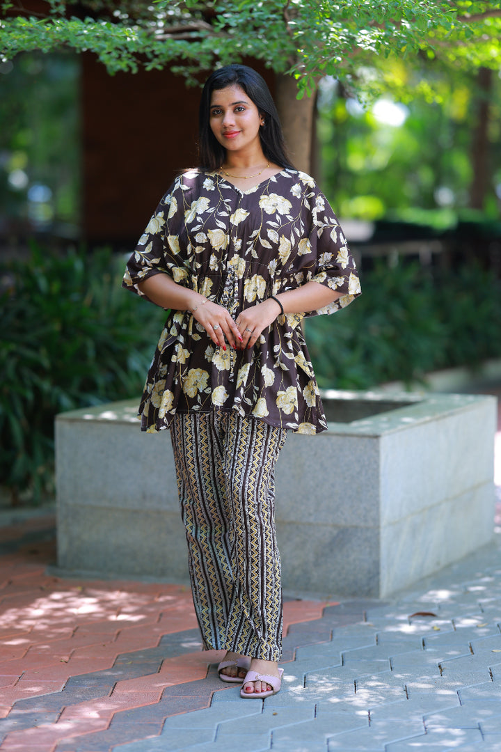 Dark Brown Pretty Jaipur cotton kaftan with pyjamas set ( 2 pcs set ) - AHA Nightwears