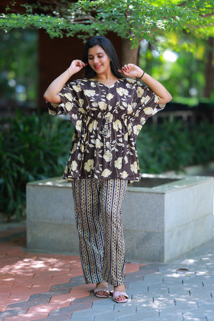 Dark Brown Pretty Jaipur cotton kaftan with pyjamas set ( 2 pcs set ) - AHA Nightwears