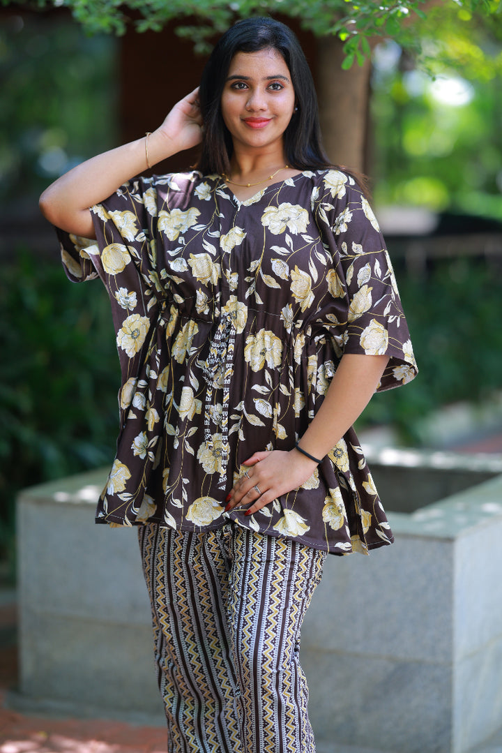 Dark Brown Pretty Jaipur cotton kaftan with pyjamas set ( 2 pcs set ) - AHA Nightwears