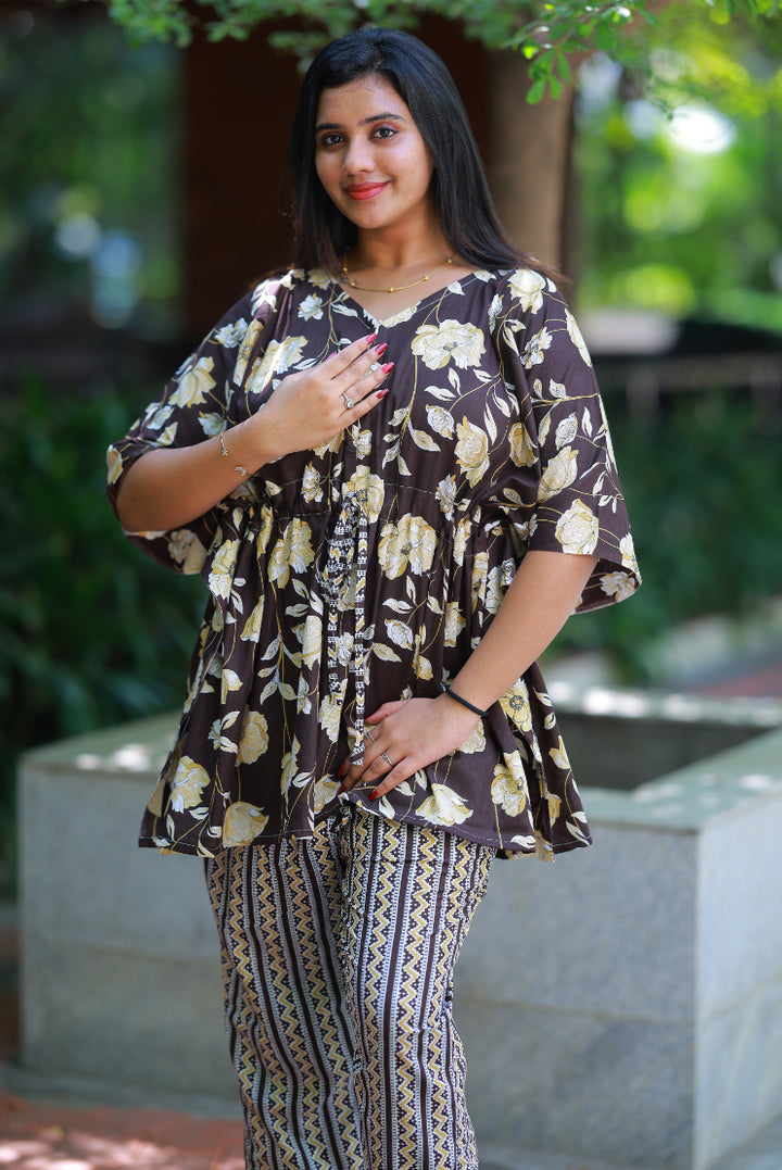 Dark Brown Pretty Jaipur cotton kaftan with pyjamas set ( 2 pcs set ) - AHA Nightwears