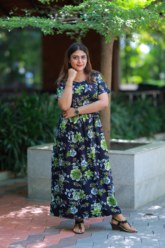 Dark Navy with Green Flower Design center zip Frock