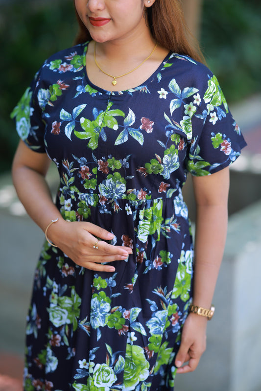 Dark Navy with Green Flower Design center zip Frock