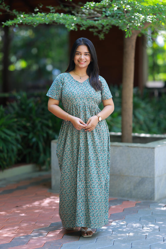 Light Green with Dark Green Flower Design center zip Frock - AHA Nightwears