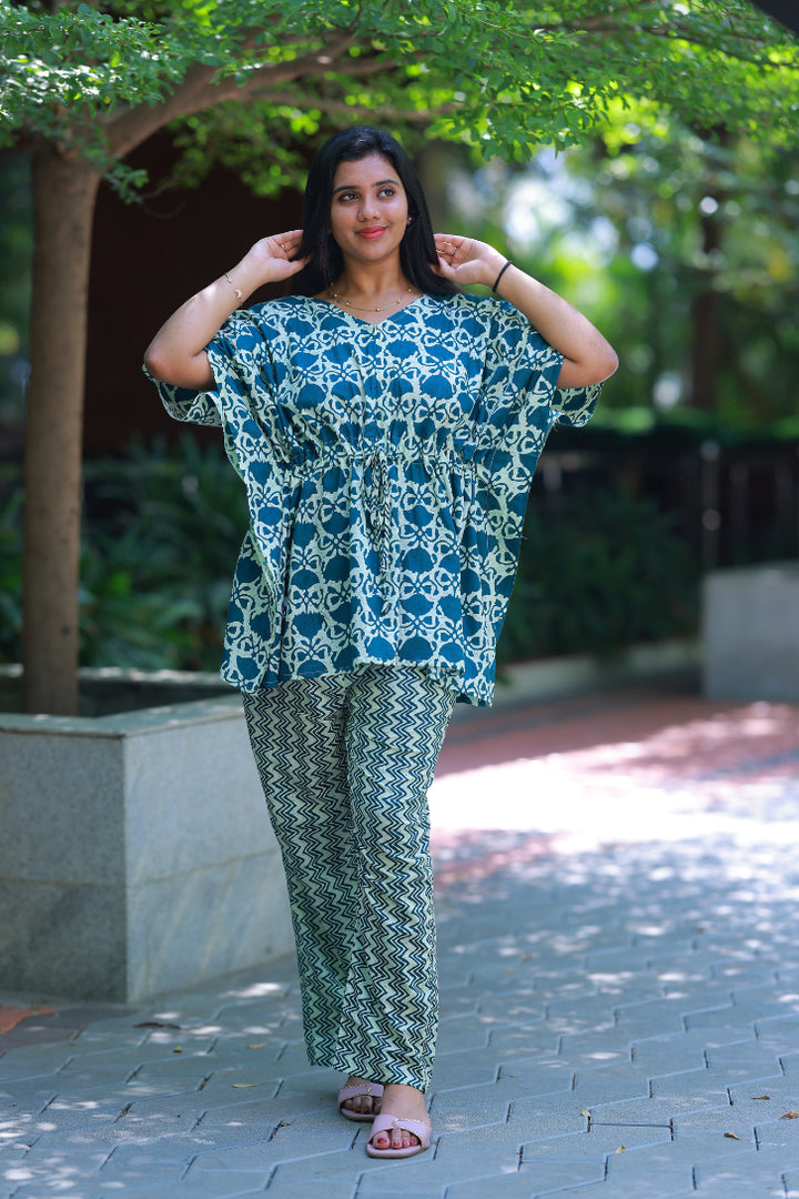 Ramar Green With Flower Pretty Jaipur cotton kaftan with pyjamas set ( 2 pcs set ) - AHA Nightwears