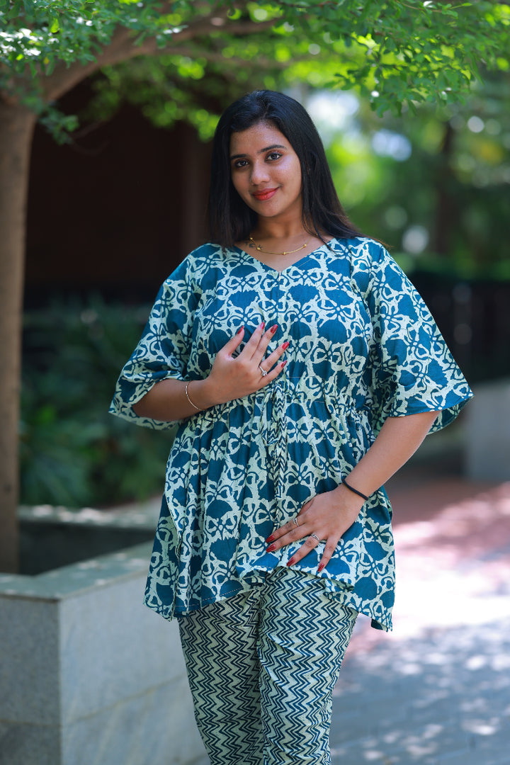 Ramar Green With Flower Pretty Jaipur cotton kaftan with pyjamas set ( 2 pcs set ) - AHA Nightwears