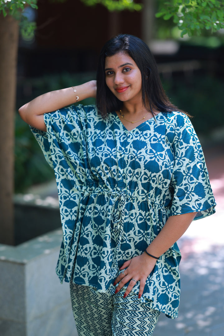 Ramar Green With Flower Pretty Jaipur cotton kaftan with pyjamas set ( 2 pcs set ) - AHA Nightwears