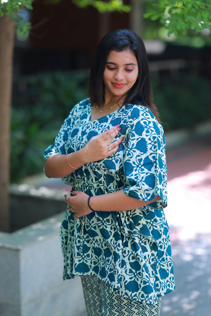 Ramar Green With Flower Pretty Jaipur cotton kaftan with pyjamas set ( 2 pcs set ) - AHA Nightwears