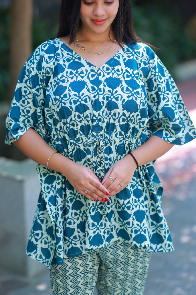 Ramar Green With Flower Pretty Jaipur cotton kaftan with pyjamas set ( 2 pcs set ) - AHA Nightwears