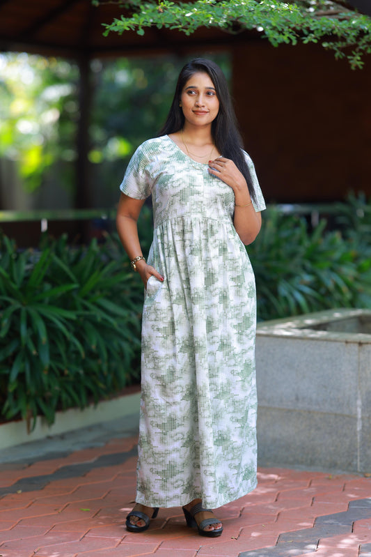 White with Green Small Checked Floral Design center zip Frock