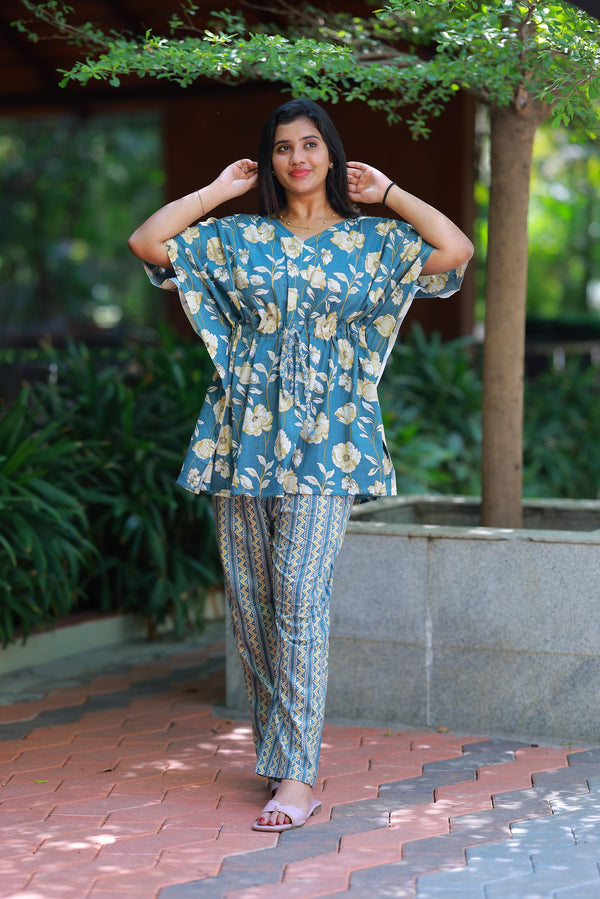 Light Greenish-Blue Pretty Jaipur cotton kaftan with pyjamas set ( 2 pcs set ) - AHA Nightwears