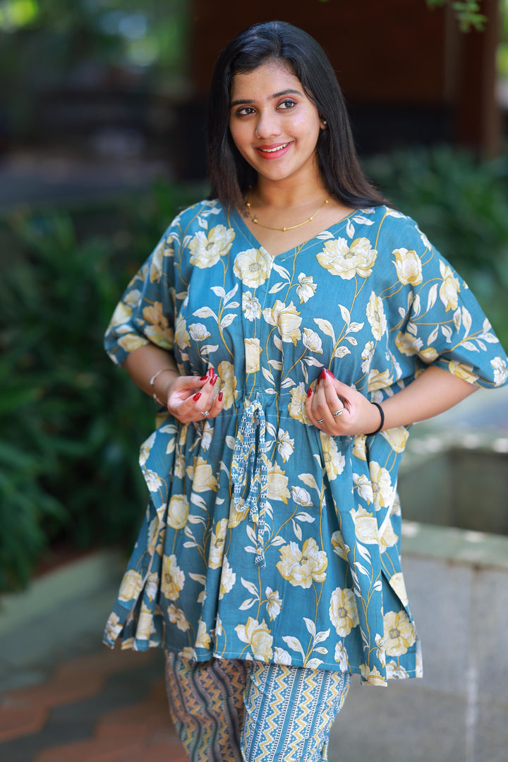 Light Greenish-Blue Pretty Jaipur cotton kaftan with pyjamas set ( 2 pcs set ) - AHA Nightwears