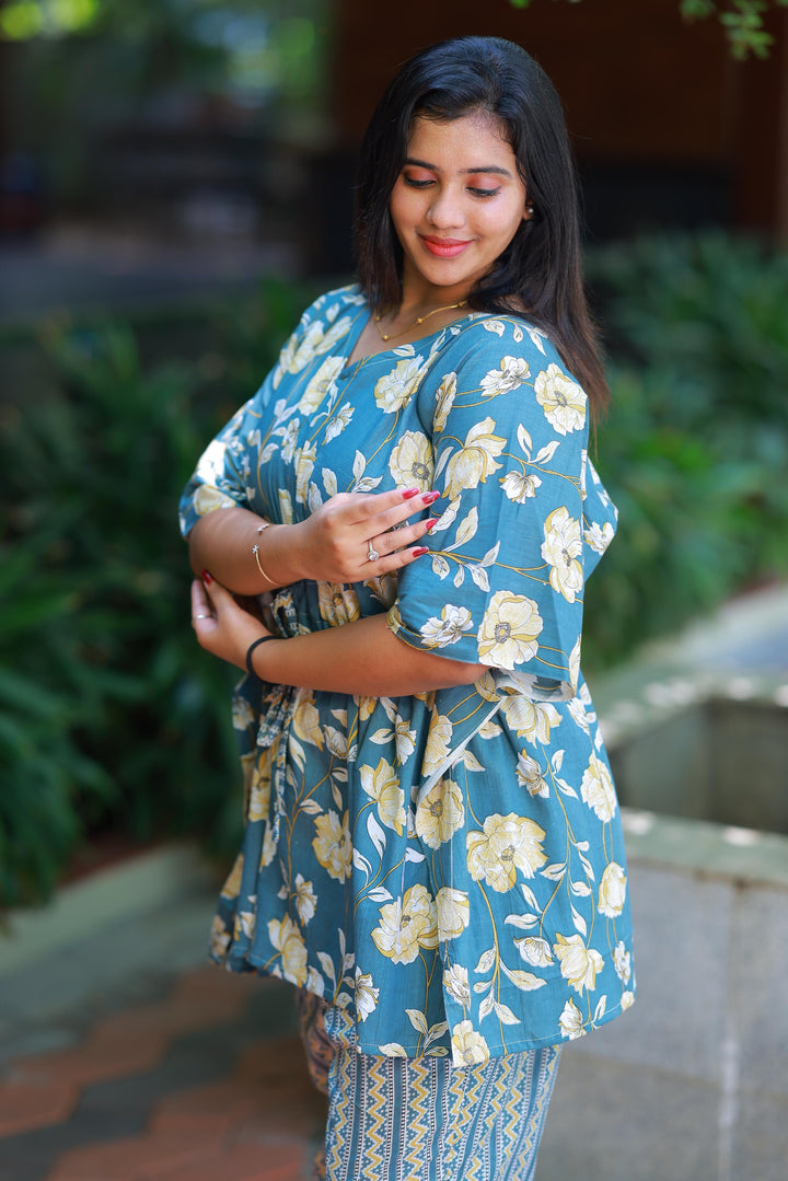 Light Greenish-Blue Pretty Jaipur cotton kaftan with pyjamas set ( 2 pcs set ) - AHA Nightwears