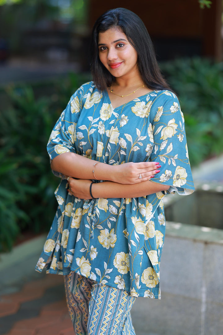 Light Greenish-Blue Pretty Jaipur cotton kaftan with pyjamas set ( 2 pcs set ) - AHA Nightwears