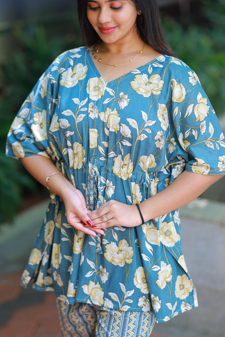 Light Greenish-Blue Pretty Jaipur cotton kaftan with pyjamas set ( 2 pcs set ) - AHA Nightwears