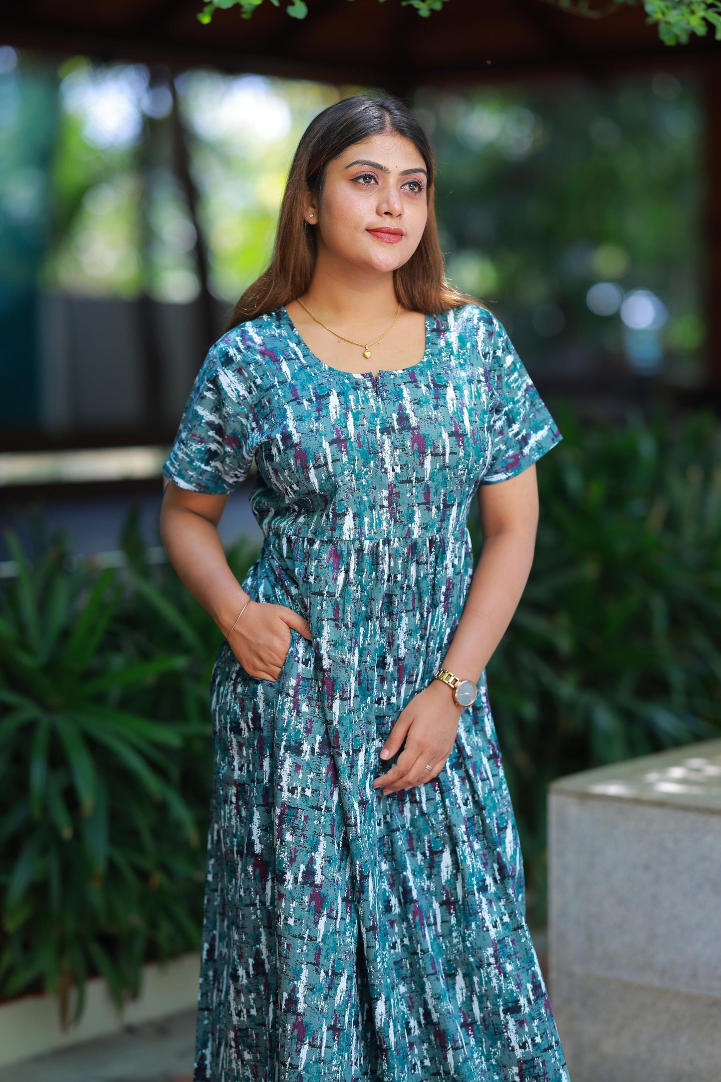 Green with Purple Floral Design center zip Frock