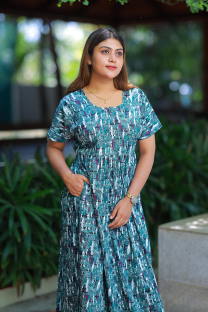 Green with Purple Floral Design center zip Frock