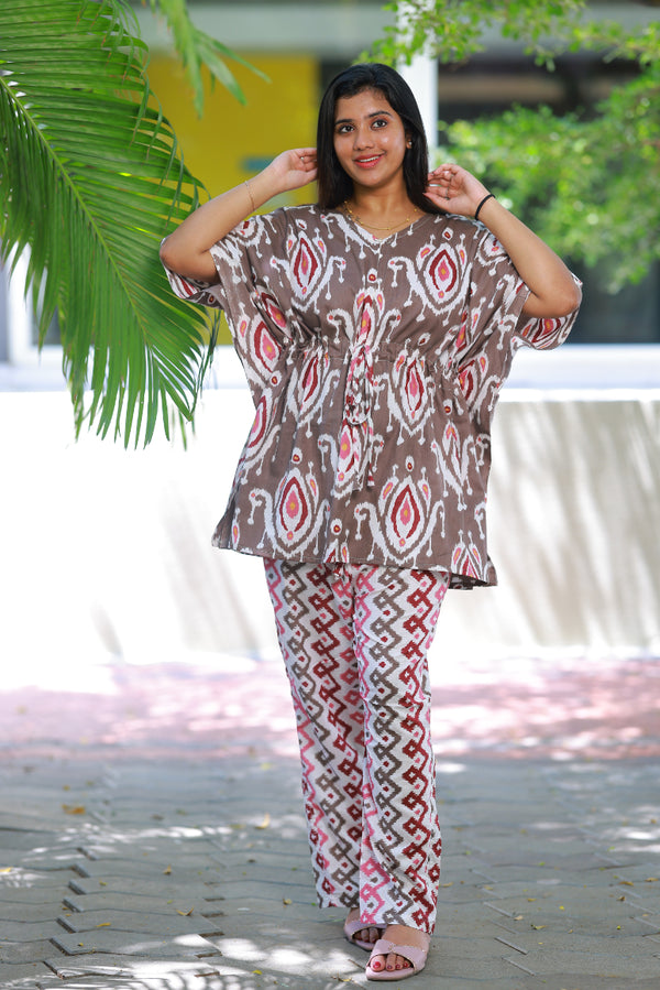 Dark maroon Ikat Pretty Jaipur cotton kaftan with pyjamas set ( 2 pcs set )