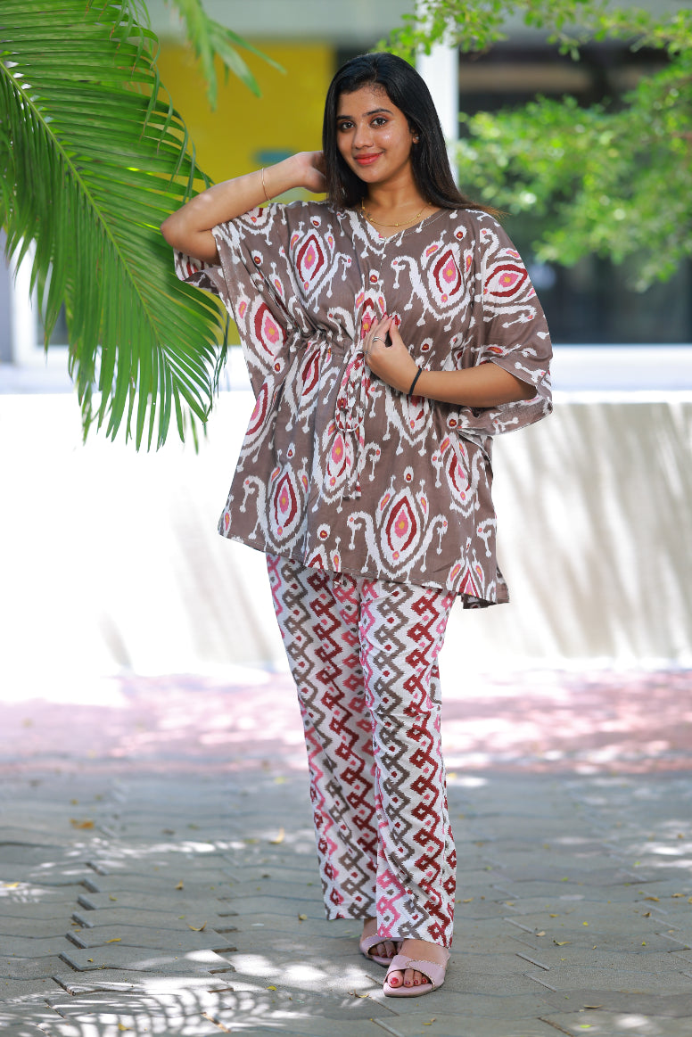 Dark maroon Ikat Pretty Jaipur cotton kaftan with pyjamas set ( 2 pcs set )