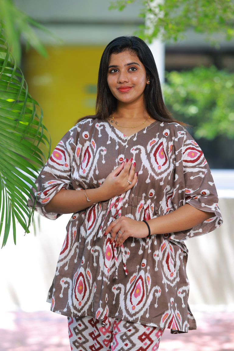 Dark maroon Ikat Pretty Jaipur cotton kaftan with pyjamas set ( 2 pcs set )