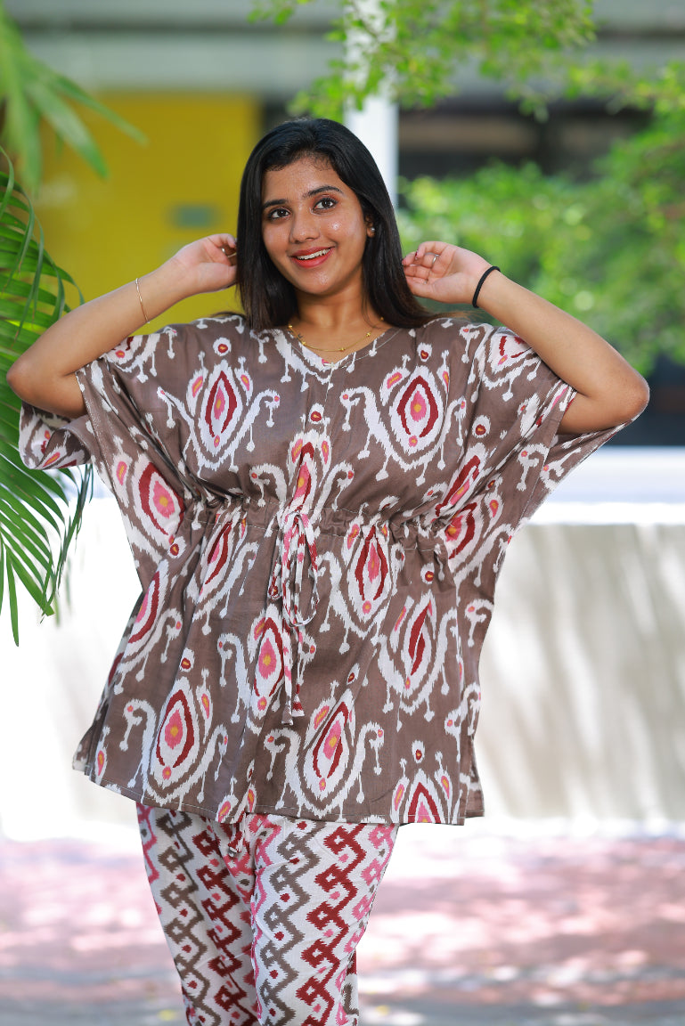 Dark maroon Ikat Pretty Jaipur cotton kaftan with pyjamas set ( 2 pcs set )