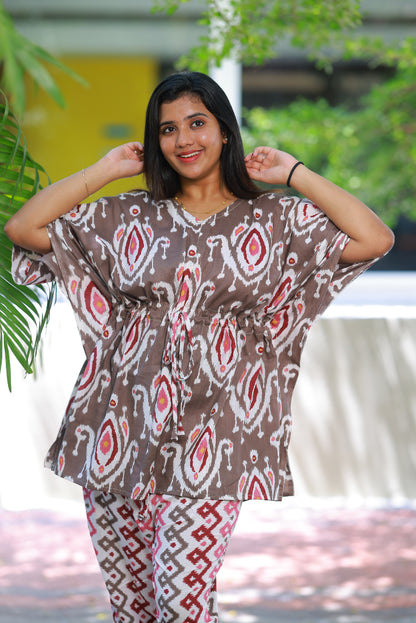 Dark maroon Ikat Pretty Jaipur cotton kaftan with pyjamas set ( 2 pcs set )