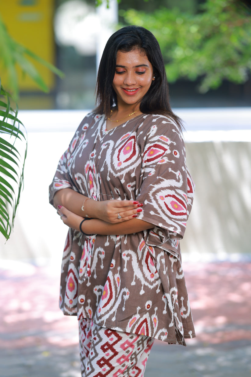 Dark maroon Ikat Pretty Jaipur cotton kaftan with pyjamas set ( 2 pcs set )