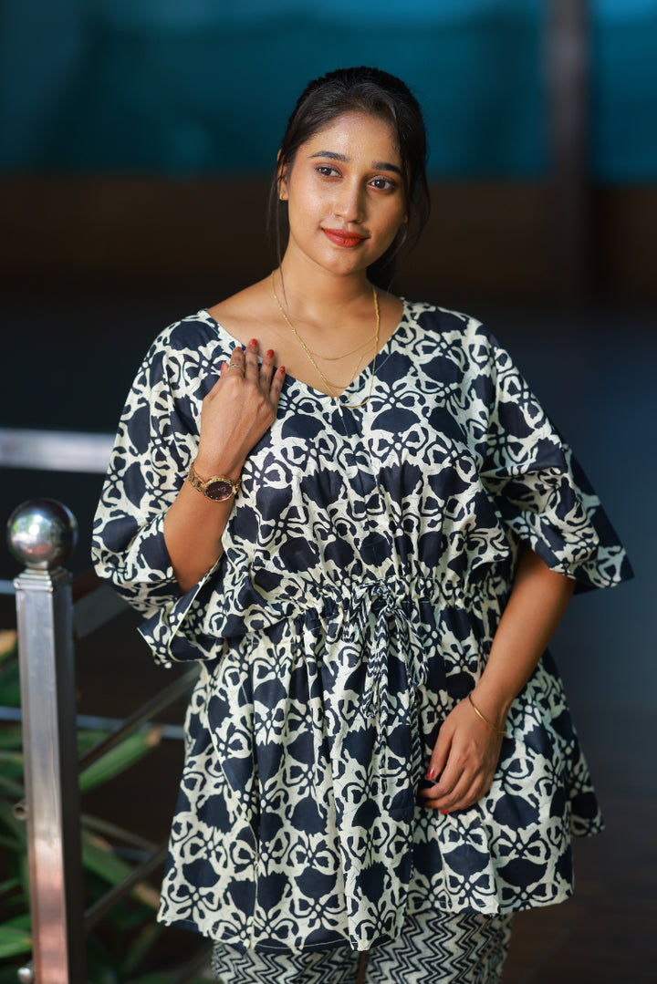 Black With Flower Pretty Jaipur cotton kaftan with pyjamas set ( 2 pcs set ) - AHA Nightwears