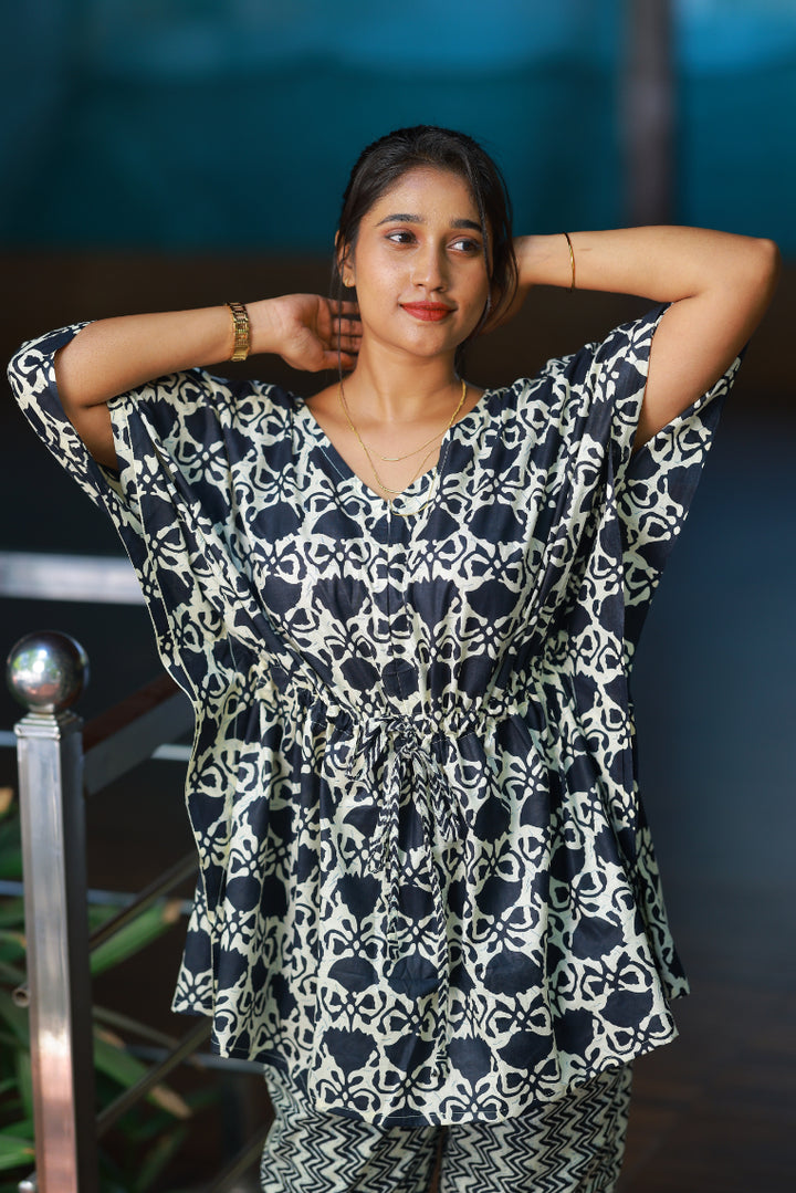 Black With Flower Pretty Jaipur cotton kaftan with pyjamas set ( 2 pcs set ) - AHA Nightwears