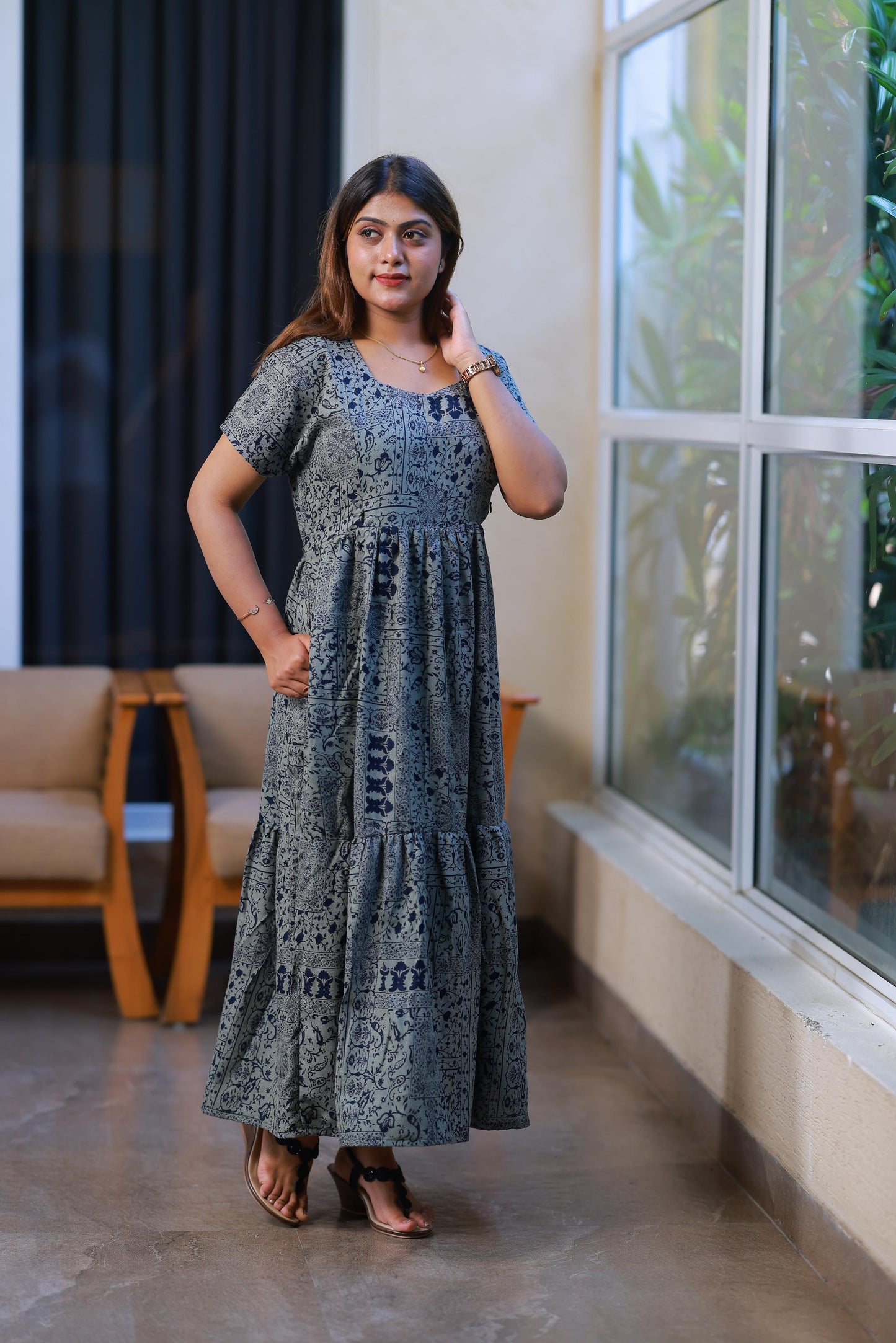 Light Gray with Navy Flower Double Layer Alphine design Side zip Frock - AHA Nightwears