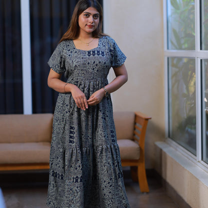 Light Gray with Navy Flower Double Layer Alphine design Side zip Frock - AHA Nightwears