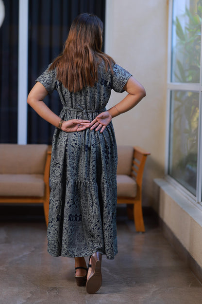 Light Gray with Navy Flower Double Layer Alphine design Side zip Frock - AHA Nightwears
