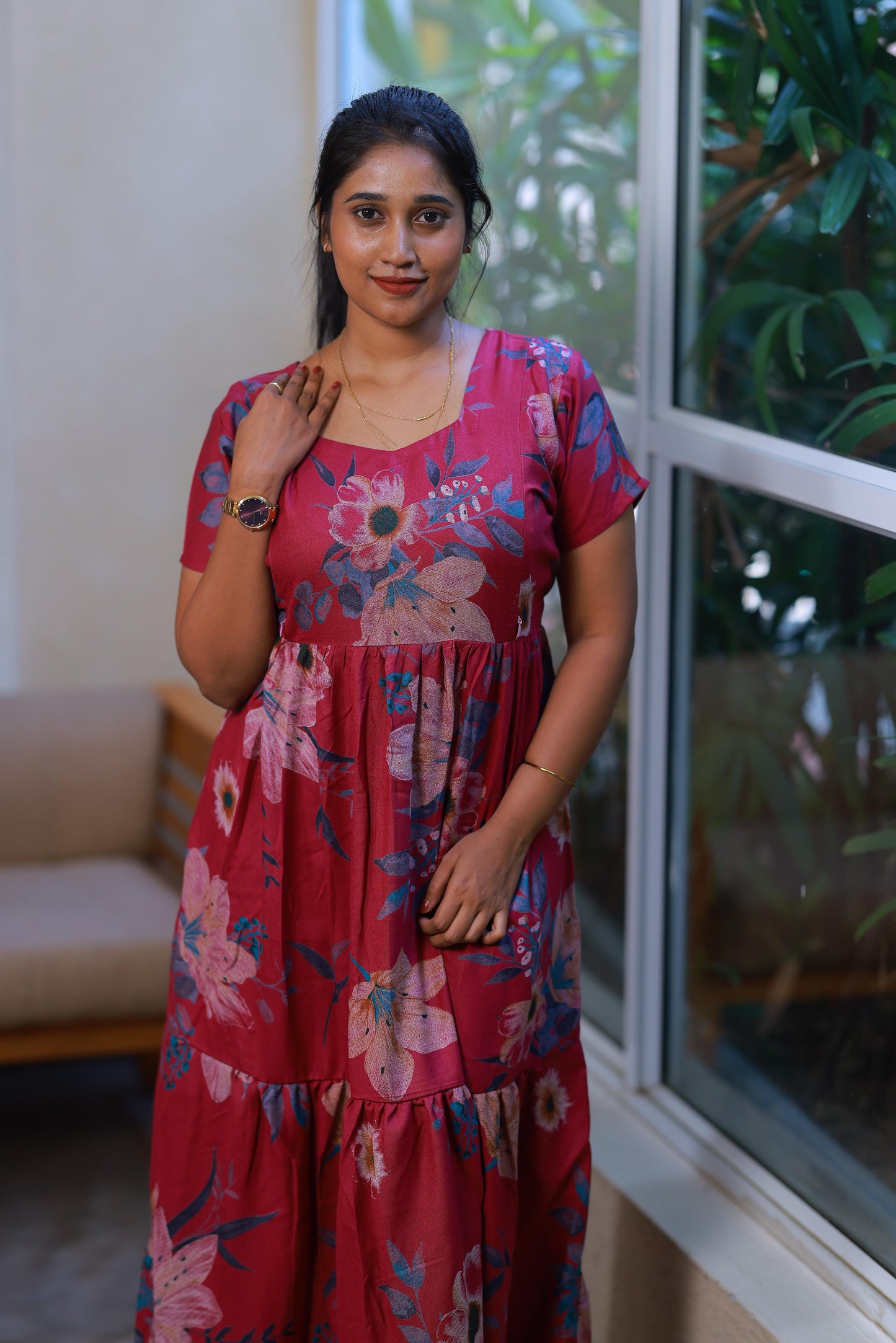 Dark Pink with Sandal Flower With side  zip Frock - AHA Nightwears