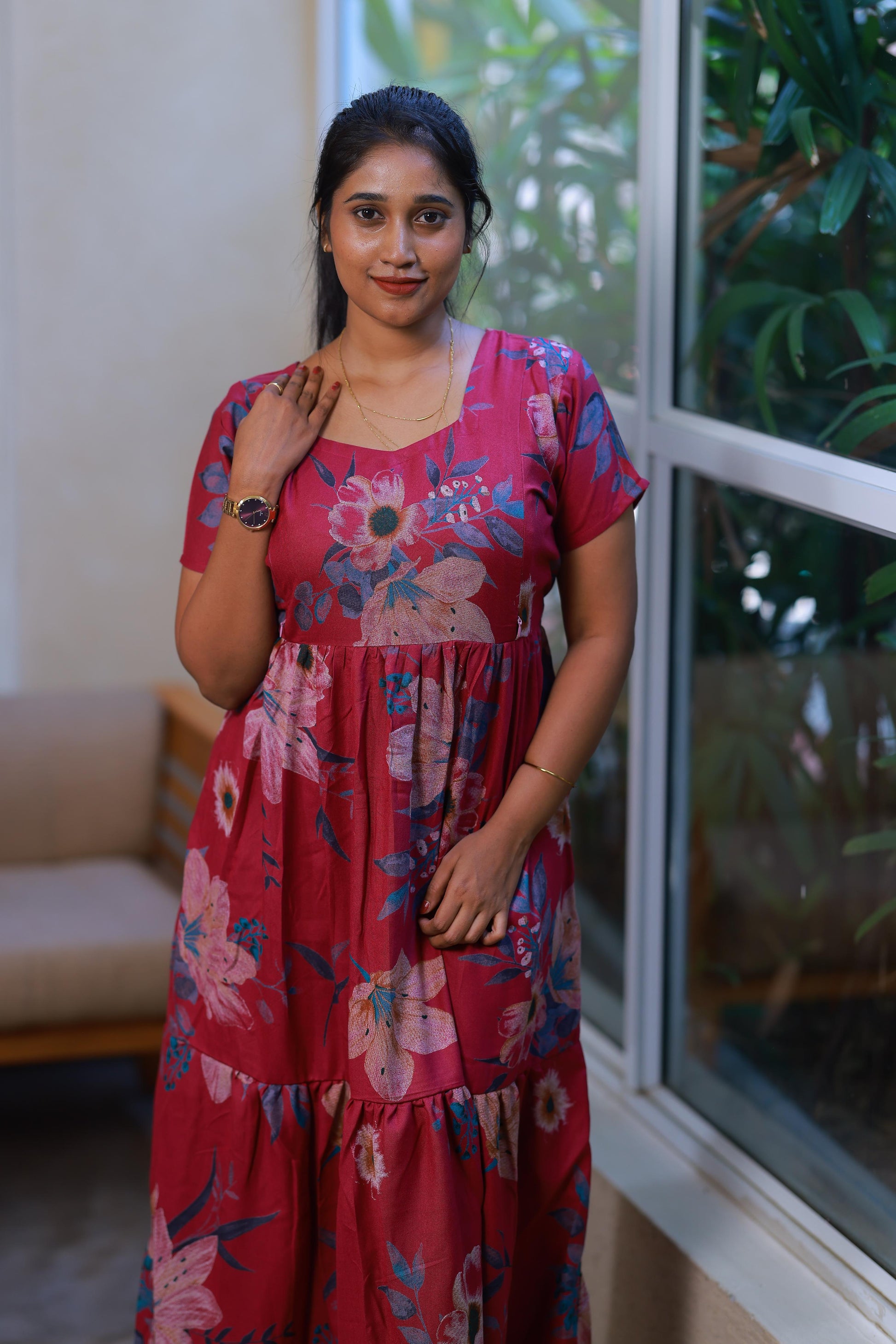 Dark Pink with Sandal Flower With side  zip Frock - AHA Nightwears