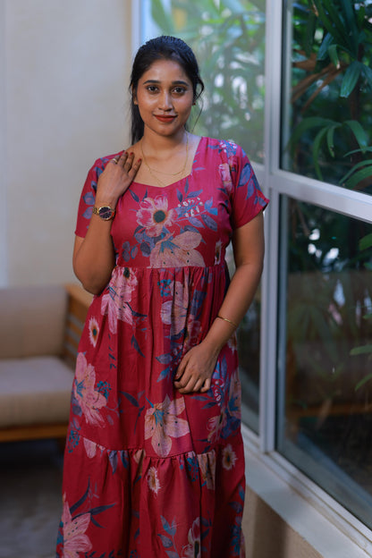Dark Pink with Sandal Flower With side  zip Frock - AHA Nightwears