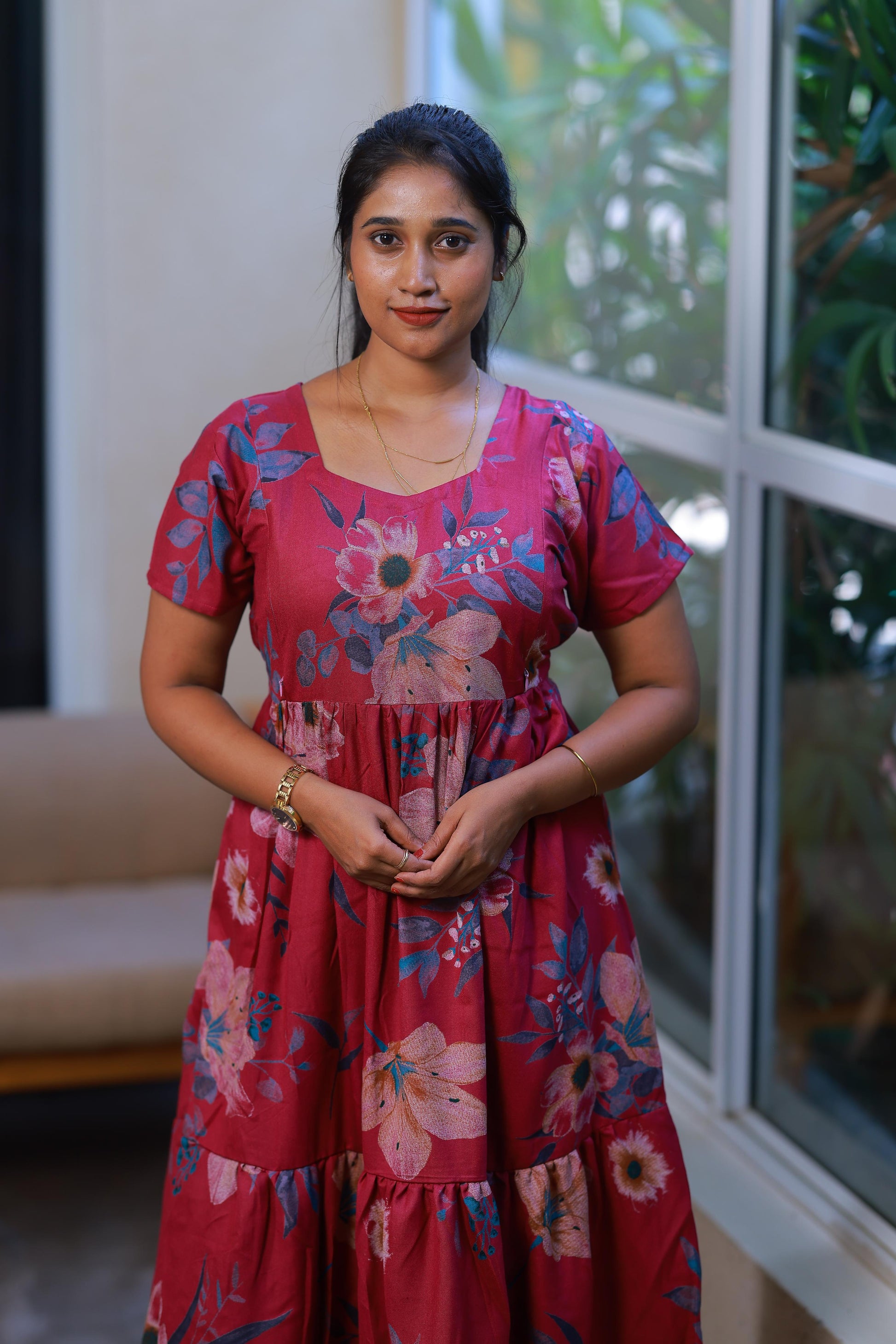 Dark Pink with Sandal Flower With side  zip Frock - AHA Nightwears