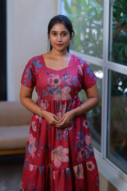 Dark Pink with Sandal Flower With side  zip Frock - AHA Nightwears