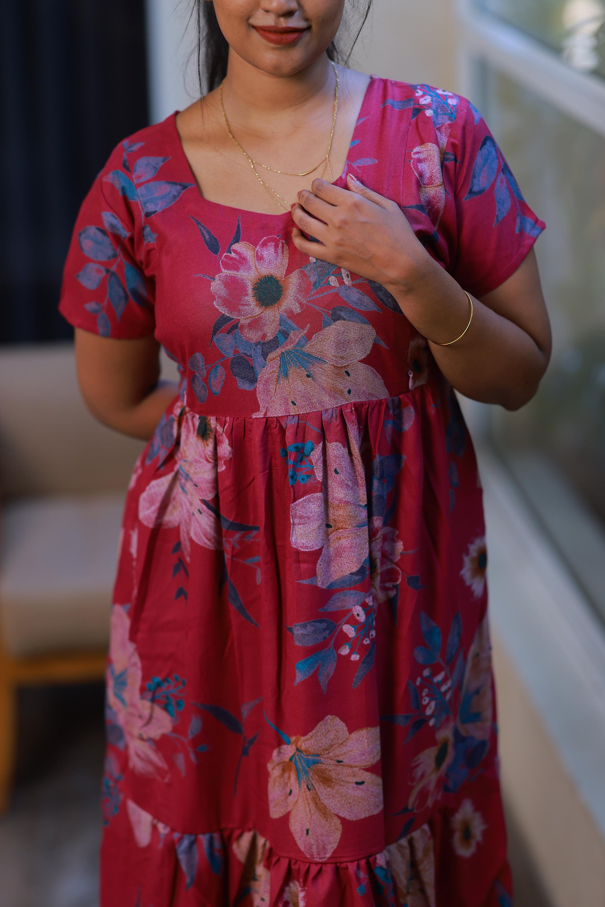Dark Pink with Sandal Flower With side  zip Frock - AHA Nightwears