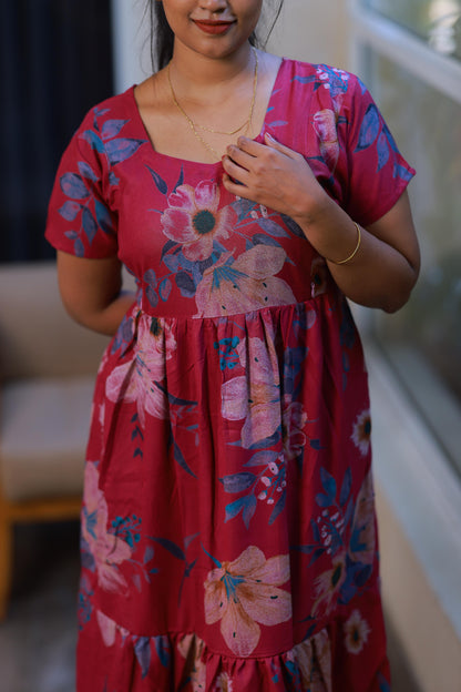 Dark Pink with Sandal Flower With side  zip Frock - AHA Nightwears