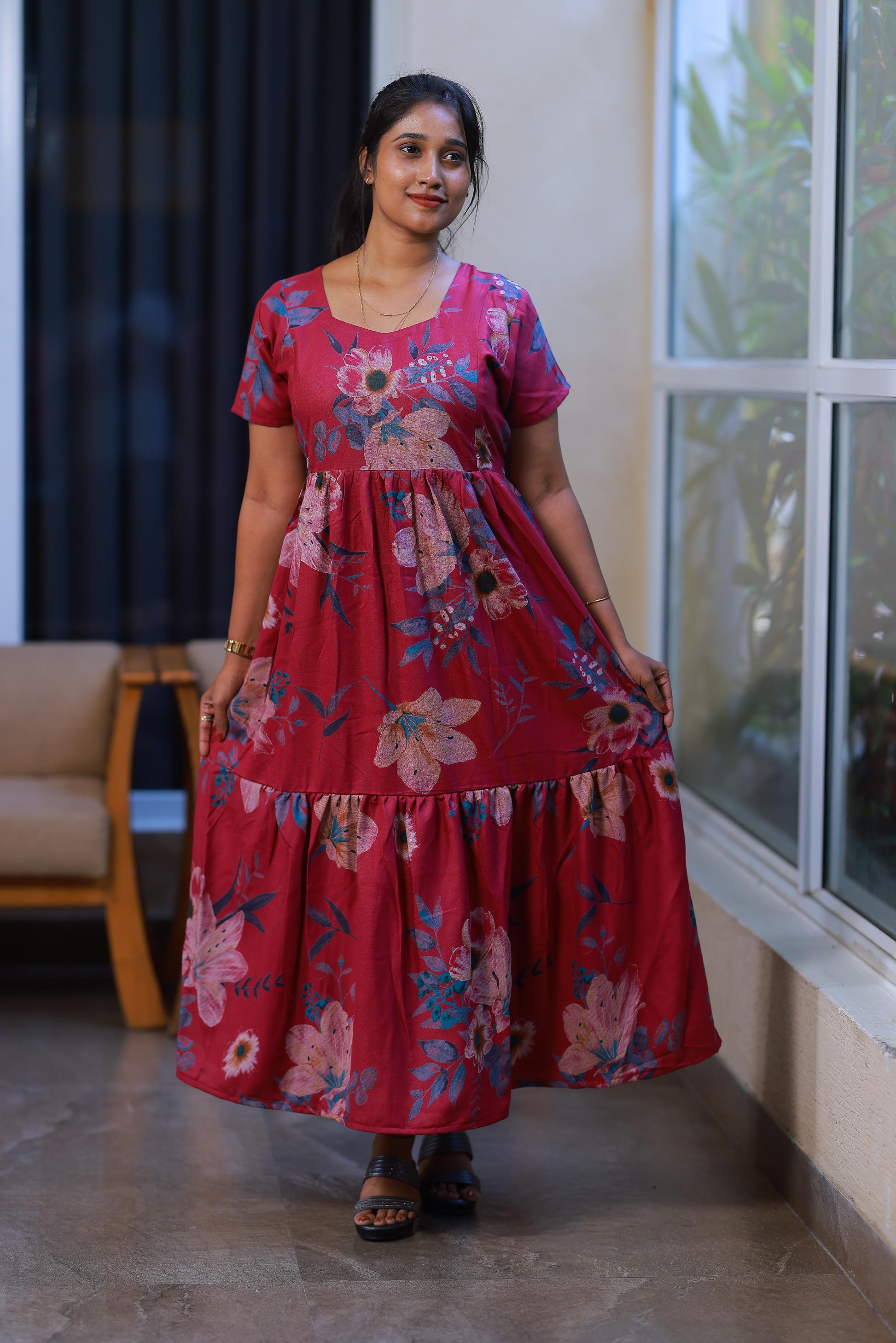 Dark Pink with Sandal Flower With side  zip Frock - AHA Nightwears