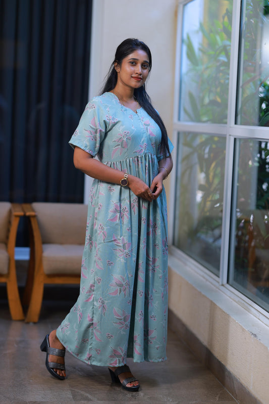 Light Green with Pink Flower Alphine design Center zip Frock