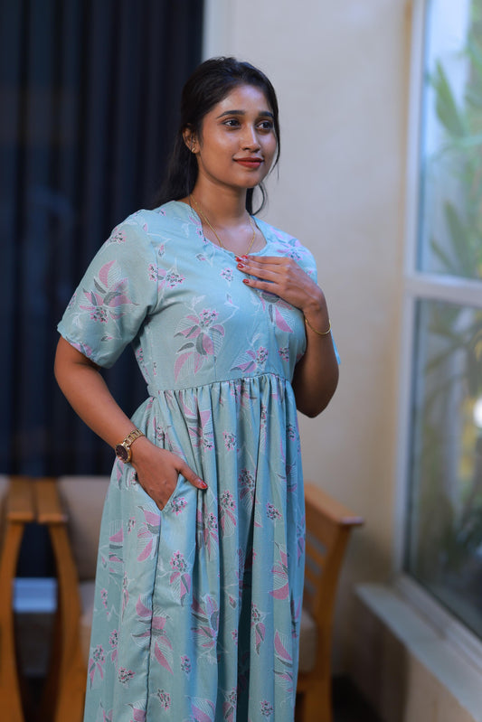 Light Green with Pink Flower Alphine design Center zip Frock